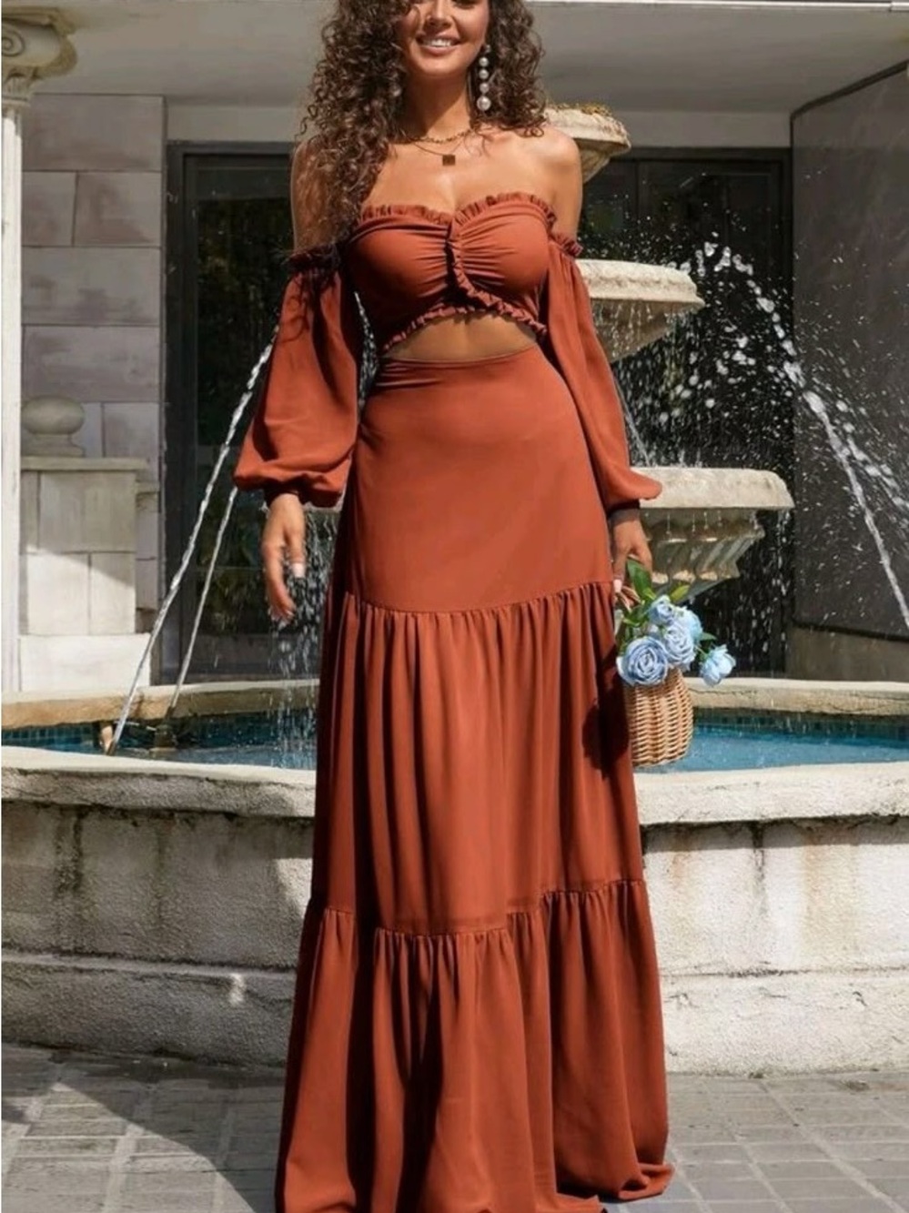 Off-Shoulder Rust Tiered Maxi Dress